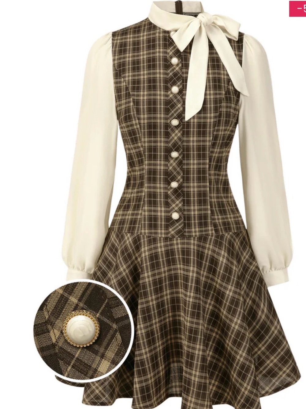 NWT 1960s Plaid Brown Bow-Tie Long Sleeve Dress with Cream Sleeves